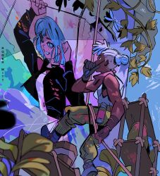  1boy 1girl arcane:_league_of_legends arcane_jinx artist_name bare_shoulders black_gloves black_jacket blue_eyes blue_hair bucket bug commentary dark-skinned_male dark_skin dragonfly dreadlocks dress earrings ekko_(league_of_legends) english_commentary fingerless_gloves firelight_ekko gloves green_pants grin jacket jewelry jinx_(league_of_legends) league_of_legends looking_at_another medium_hair paint_on_clothes painting_(action) painting_(object) pants pink_scarf plant rogerwitt scaffolding scarf single_fingerless_glove smile tank_top vines white_dress white_hair white_tank_top 