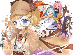 >_< 5girls absurdres animal_hood ao-chan_(ninomae_ina'nis) black_dress blonde_hair blue_eyes blue_hoodie blue_streaks brown_hat brown_jacket chibi closed_mouth collared_shirt commentary_request dress fins fish_tail gawr_gura gawr_gura_(1st_costume) grey_hair hat highres holding holding_magnifying_glass holding_scythe hololive hololive_english holomyth hood hoodie jacket long_hair looking_at_viewer magnifying_glass medium_hair mori_calliope mori_calliope_(1st_costume) multiple_girls necktie orange_hair pink_hair purple_hair red_eyes red_necktie scythe shark_girl shark_hood shark_tail shirt single_bare_foot smile tail takanashi_kiara takanashi_kiara_(1st_costume) takodachi_(ninomae_ina'nis) tentacle_hair tentacles u_da_desu very_long_hair violet_eyes virtual_youtuber watson_amelia watson_amelia_(1st_costume) white_shirt 