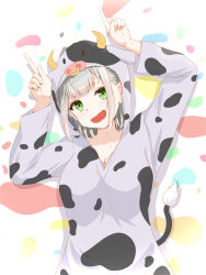  1girl absurdres alternate_costume commentary_request cow_hood cow_tail fake_tail green_eyes grey_hair highres hololive hood hood_up hoodie looking_at_viewer medium_hair open_mouth shirogane_noel smile solo tail u_da_desu virtual_youtuber white_background white_hoodie 