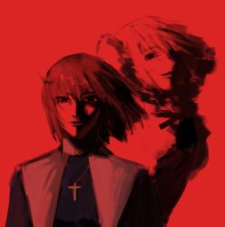  2girls absurdres black_eyes cape ciel_(tsukihime) cloak cross cross_necklace dark_persona dual_persona expressionless facing_viewer floating_hair fur_cloak hair_between_eyes highres jewelry looking_at_viewer magicaldstroyer michael_roa_valdamjong multiple_girls necklace nun partially_shaded_face possessed red_background roa-ciel short_hair smile tsukihime tsukihime_(remake) tunic vampire wing_collar 