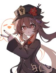  1girl black_nails boo_tao_(genshin_impact) brown_coat brown_hair brown_hat coat commentary_request flower flower-shaped_pupils genshin_impact ghost hat hat_flower hat_tassel hu_tao_(genshin_impact) jewelry long_hair long_sleeves looking_at_viewer multiple_rings plum_blossoms porkpie_hat red_eyes ring simple_background suiminsemi31 symbol-shaped_pupils twintails v white_background 