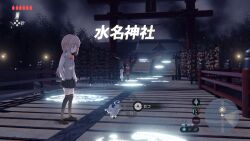  3girls aqua_bow aqua_bowtie bag black_skirt black_sleeves black_socks black_thighhighs blue_hair blunt_bangs bow bowtie bridge brown_hair brown_shoes buttons city closed_mouth collared_shirt commentary_request expressionless faceless faceless_female full_body grey_vest health_bar high-waist_skirt kamihama_university_affiliated_school_uniform layered_sleeves long_hair long_sleeves looking_at_creature low_ponytail magia_record:_mahou_shoujo_madoka_magica_gaiden magic_circle mahou_shoujo_madoka_magica map miniskirt multiple_girls nanami_yachiyo night outdoors over-kneehighs parody pink_bow pink_bowtie pink_eyes pink_hair pleated_skirt ponytail red_sailor_collar red_skirt sailor_collar samidare_(hoshi) school_uniform shirt shoes short_over_long_sleeves short_sleeves shoulder_bag shrine side_ponytail sidelocks skirt small_kyubey socks soul_gem straight_hair takarazaki_school_uniform tamaki_iroha the_legend_of_zelda the_legend_of_zelda:_breath_of_the_wild thigh-highs torii translation_request user_interface uwabaki very_long_hair vest white_bag white_shirt yui_tsuruno zettai_ryouiki 