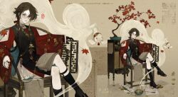  1boy abacus absurdres baichuan_baichuan black_gloves bonsai braid brown_eyes brown_hair chair chinese_clothes chinese_text closed_mouth glasses gloves highres holding_abacus jewelry leaf lips long_hair long_sleeves looking_at_viewer maple_leaf multiple_rings multiple_views on_chair original pale_skin parted_bangs ring round_eyewear single_glove sitting smoke watermark wide_sleeves 