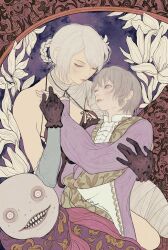  1boy 1girl abstract_background art_nouveau backless_outfit bandaged_arm bandaged_leg bandaged_neck bandages blue_negligee braid braided_hair_rings commentary emil_(human)_(nier) emil_(nier) english_commentary feather-trimmed_sleeves gloves green_shawl grey_hair hagushka hair_rings holding jacket kaine_(nier) lace-trimmed_jacket lingerie looking_at_another lunar_tear lying lying_on_person mask negligee nier nier_(series) purple_jacket shawl signature single_bare_shoulder underwear white_hair 