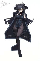  aircraft airplane bare_shoulders black_dress black_gloves black_pantyhose black_shoes blush breasts cape china_dress chinese_clothes cleavage_cutout clothing_cutout covered_collarbone covered_navel dress elbow_gloves full_body gloves grabbing_own_breast hair_between_eyes head_tilt high_heels highres horns j-20_(personification) large_breasts long_hair long_sidelocks original pantyhose pckcool personification pointing pointing_at_self shoes sidelocks signature standing standing_on_one_leg thigh_strap thighband_pantyhose tsurime unkempt yellow_eyes 