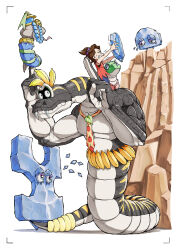  1girl banana brown_hair donkey_kong donkey_kong_(series) donkey_kong_bananza fangs food forked_tongue fractone_(donkey_kong) fruit highres how_long index_finger_raised monocle necktie pauline_(mario) pauline_(young)_(mario) snake_bananza snake_tail tail tears tongue trembling yellow_necktie 