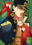  1boy bird black_hair chain gakuran green_eyes green_hair green_lips hat jojo_no_kimyou_na_bouken kujo_jotaro lanxjourney macaw male_focus multicolored_hair palm_tree parrot scarlet_macaw school_uniform shirt solo stardust_crusaders tight tight_shirt tree two-tone_hair 