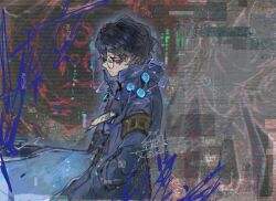  2boys aedd_(e.g.o) armband bags_under_eyes beard_stubble black_hair blue_coat censored censored_identity coat e.g.o_(project_moon) electricity facial_hair floating_clothes hand_in_pocket hashtag-only_commentary high_collar highres hohenheim_(project_moon) id_card jacket johann_(project_moon) kalliope_orc lapels limbus_company long_sleeves looking_down male_focus multiple_boys mustache_stubble necktie notched_lapels open_clothes open_coat project_moon round_eyewear shirt short_hair stubble suit suit_jacket 