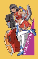  1girl bag belt black_hair blue_gloves blue_shoes braid character_name collared_shirt commentary crop_top cropped_shirt cropped_torso cropped_vest crown_braid curly_hair dark-skinned_female dark_skin elbow_gloves from_side full_body garter_straps genderswap genderswap_(mtf) gloves grey_bag hair_intakes high_heels highres humanization komagoma kotobukiya_bishoujo looking_at_viewer medium_hair midriff miniskirt necktie open_clothes open_mouth open_vest outline pleated_skirt red_eyes red_skirt red_vest robot shirt shoes sidelocks skirt sleeveless sleeveless_shirt smile smirk standing standing_on_one_leg starscream starscream_(kotobukiya_bishoujo) thigh-highs thigh_strap transformers transformers:_generation_1 vest white_belt white_outline white_shirt white_thighhighs yellow_background yellow_necktie 