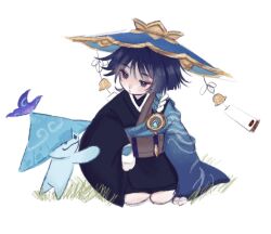  1boy aranara_(genshin_impact) ararycan_(genshin_impact) arms_at_sides asymmetrical_sleeves black_eyes black_hair black_kimono black_sleeves blue_hat blue_jingasa blue_sleeves blunt_ends blush brown_kimono brown_sash closed_mouth dangoyunyu eyeliner genshin_impact gold gold_bell grass hand_on_ground hat highres japanese_clothes jingasa kesa kimono long_sleeves looking_at_creature makeup male_focus mismatched_sleeves official_alternate_costume prototype_design red_eyeliner scaramouche_(genshin_impact) seiza sitting solo two-tone_kimono wanderer_(genshin_impact) white_background white_sleeves 