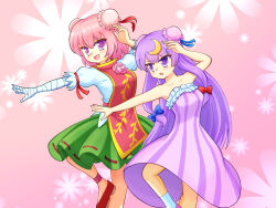 2girls adapted_costume bandaged_arm bandages bare_shoulders blue_bow bow bun_cover commentary_request crescent crescent_hair_ornament double_bun dress fighting_stance flower green_skirt hair_bow hair_bun hair_ornament ibaraki_kasen leg_up long_hair multiple_girls open_mouth patchouli_knowledge pink_background pink_flower pink_hair pink_rose pink_tabard purple_hair red_bow ribbon-trimmed_skirt ribbon_trim rose skirt smile strapless strapless_dress striped_clothes striped_dress tabard touhou vertical-striped_clothes vertical-striped_dress very_long_hair violet_eyes yoruniwa 