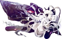  1girl absurdly_long_hair abyssal_ship akira_(kadokawa) bare_legs barefoot beach_umbrella box bubble closed_eyes closed_umbrella colored_skin cooler cracked_skin flower glowing holding holding_umbrella kantai_collection long_hair monster nail_polish official_art simple_background submarine_princess submarine_summer_princess swimsuit teeth third-party_source toenail_polish toenails torpedo transparent_background umbrella very_long_hair white_hair white_skin 