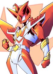  1boy armor bodysuit clenched_hands commentary cowboy_shot english_commentary helmet highres male_focus nickanger no.1_sentai_gozyuger origa_red red_armor red_background red_bodysuit red_helmet solo super_sentai tokusatsu white_background white_bodysuit 