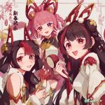  3girls :d artist_name black_hair blunt_bangs blush braid double_bun earrings grin gwen_(league_of_legends) hair_bun hair_ornament heterochromia highres jewelry league_of_legends league_of_legends:_wild_rift looking_at_viewer multicolored_hair multiple_girls mythmaker_gwen mythmaker_seraphine mythmaker_zoe pink_hair red_eyes redhead ruan_chen_yue scissors seraphine_(league_of_legends) smile tongue tongue_out twin_braids upper_body violet_eyes zoe_(league_of_legends) 