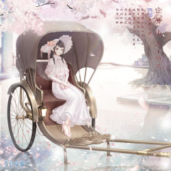  1girl artist_request bag blue_eyes bow bowtie bridge brown_hair capelet carriage character_name cherry_blossoms chinese_text closed_mouth collared_capelet copyright_logo day dot_nose dress expressionless eyelashes falling_petals flower frilled_capelet frills full_body gate hair_ornament hairclip handbag hands_on_lap hat hat_bow hat_flower high_collar high_heels holding holding_bag lace-trimmed_headwear lace_trim light_blush light_particles lipstick logo long_dress long_hair long_sleeves looking_at_viewer makeup mascara miracle_nikki miss_bone_(miracle_nikki) nikki_(series) no_socks official_art outdoors own_hands_together parallel_hairclips petals pillar pink_bag pink_bow pink_flower pink_rose pink_shoes pleated_dress puddle red_lips reflective_floor ringlets road rose shoes sidelocks sitting sky solo spring_(season) stiletto_heels street striped_bow striped_bowtie striped_clothes striped_dress sun_hat swept_bangs third-party_source three-quarter_sleeves translation_request tree vertical-striped_clothes vertical-striped_dress white_bow white_bowtie white_capelet white_dress white_hat white_sky 