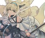  1girl absurdres animal_ears arknights bare_shoulders black_vest blonde_hair blush breasts closed_mouth dress hair_rings hairband highres holding holding_staff infection_monitor_(arknights) looking_at_viewer multiple_tails oripathy_lesion_(arknights) pouch shitoro short_hair sleeveless sleeveless_dress small_breasts smile solo staff suzuran_(arknights) tail vest white_dress wrist_cuffs 