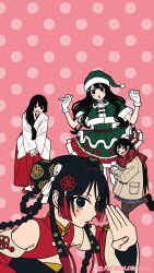  1girl absurdres black_eyes black_hair black_pantyhose black_shoes blunt_sidelocks blush_stickers bow braid braided_hair_rings brown_coat bun_cover china_dress chinese_clothes coalowl coat colored_tips commentary_request copyright_notice cropped_jacket detached_sleeves double_bun dress flat_color flower frilled_skirt frills fur-trimmed_headwear fur_trim gloves green_hat green_jacket green_skirt hair_bow hair_bun hair_flower hair_ornament hair_rings hand_up hands_up hat highres holding holding_snowball jacket japanese_clothes kimono long_hair long_skirt long_sleeves looking_at_viewer miko multicolored_hair multiple_costumes multiple_views nijisanji official_art official_wallpaper pantyhose pink_background plaid_clothes plaid_scarf polka_dot polka_dot_background pom_pom_(clothes) red_dress red_hair red_scarf red_skirt red_sleeves santa_costume santa_hat scarf second-party_source shoes short_sleeves sidelocks skirt snowball tassel tassel_hair_ornament tsukino_mito tsukino_mito_(china_dress) tsukino_mito_(new_year) tsukino_mito_(santa) tsukino_mito_(winter_casual) two-tone_hair two-tone_skirt variant_set very_long_hair virtual_youtuber white_bow white_gloves white_kimono winter_clothes winter_coat 