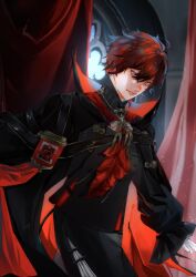  093_kaylee 1boy ascot bishounen black_cape black_coat cape closed_mouth coat cowboy_shot hashtag-only_commentary highres holostars holostars_english id_card indoors long_sleeves looking_at_viewer machina_x_flayon male_focus official_alternate_costume puffy_long_sleeves puffy_sleeves red_ascot red_eyes red_hair short_hair solo virtual_youtuber 