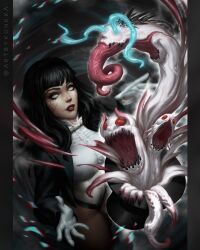  1girl black_hair black_hat black_jacket black_panties bow bowtie brown_pantyhose comic_cover commentary creature dc_comics english_commentary gloves hat highres horror_(theme) jacket kunkka long_hair long_tongue looking_at_creature magician monster motion_blur multiple_heads official_art panties pantyhose parted_lips red_lips shirt superhero_costume tentacles textless_version tongue top_hat twitter_username underwear veiny_face very_long_tongue white_bow white_bowtie white_eyes white_gloves white_shirt zatanna_zatara 