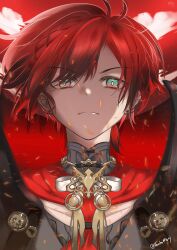 1boy absurdres bishounen black_cape cape closed_mouth ear_piercing green_eyes hair_between_eyes highres holostars holostars_english hontomory jewelry looking_at_viewer machina_x_flayon male_focus necklace piercing portrait red_hair short_hair signature simple_background solo upper_body virtual_youtuber 