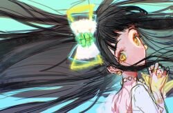  1girl back black_hair blue_background commentary_request earrings expressionless floating_hair from_behind gogumata hands_up highres himitsu_no_aipri jewelry korean_commentary looking_at_viewer looking_back necklace neon_lights pearl_necklace portrait pretty_series sidelocks sketch straight_hair suzukaze_tsumugi symbol-shaped_pupils triangle-shaped_pupils yellow_eyes 