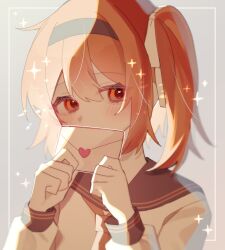  1girl a.i._voice adachi_rei alternate_costume black_hairband black_sailor_collar brown_neckerchief covering_own_mouth double-parted_bangs eyes_visible_through_hair hair_between_eyes hair_ribbon hairband highres hishoku_(porupopi) holding holding_letter letter long_sleeves looking_at_viewer love_letter medium_hair neckerchief one_side_up orange_eyes orange_hair orange_theme ribbon sailor_collar shadow shirt upper_body utau white_ribbon white_shirt 