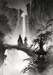  2boys bamboo bamboo_forest branch canyon chinese_clothes cliff crossed_arms faux_traditional_media fog forest furisode_sleeves hanfu highres long_hair long_sleeves luo_binghe male_focus monochrome multiple_boys nature plant ponytail renzha_fanpai_zijiu_xitong scenery shen_qingqiu signature standing stone_lantern very_long_hair vines walking water waterfall wide_shot xiao_guan_(headdress) yin_yang yunchuan_1013 