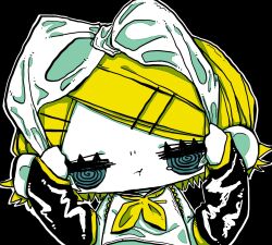  1girl :t akaname-chaosworld black_background black_sailor_collar blonde_hair blue_eyes bow chibi colored_skin detached_sleeves highres kagamine_rin pulling_own_clothes ribbon sailor_collar sailor_senshi_uniform vocaloid white_bow white_skin yellow_ribbon 