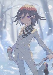  1boy absurdres arm_belt bare_tree black_hair blush bs_(twst_with) buttons checkered_clothes checkered_scarf closed_mouth commentary danganronpa_(series) danganronpa_v3:_killing_harmony flipped_hair hair_between_eyes highres holding_strap light_frown long_sleeves looking_at_viewer male_focus multicolored_buttons oma_kokichi outdoors pants scarf short_hair snow snowing solo standing standing_on_one_leg strap thigh_strap tree two-tone_scarf violet_eyes winter 