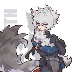  1boy ammunition animal animal_ear_fluff animal_ears belt_pouch black_gloves cat cat_boy cat_ears cat_tail character_name commentary crossed_bangs english_commentary gloves grey_cat grey_hair grey_pants grey_tail hair_between_eyes hair_intakes highres holding holding_animal holding_cat looking_at_animal male_focus open_mouth pants police police_uniform policeman pouch seth_lowell shadow short_hair solo tail upper_body user_rfde4742 violet_eyes white_background zenless_zone_zero 