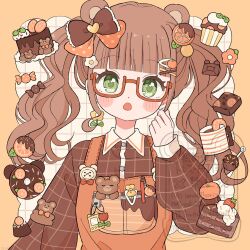  1girl apron blunt_bangs blush_stickers border bow brown_bow brown_hair brown_shirt buttons cake cake_slice collared_shirt commentary contrast_collar cup doughnut eeppa food food-themed_hair_ornament fruit glasses green_eyes grid_background hair_bow hair_ornament hand_up highres long_hair long_sleeves looking_at_viewer open_mouth orange_apron orange_bow orange_hair_ornament original outside_border polka_dot polka_dot_bow red-framed_eyewear semi-rimless_eyewear shirt solo strawberry twintails twitter_username under-rim_eyewear upper_body watermark white_background yellow_border 