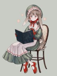  1girl animal_ears apron bonnet book brown_hair chair chinstrap closed_mouth commentary_request dated dress frilled_shirt_collar frills full_body gloves green_background green_bonnet green_dress grey_eyes highres holding holding_book limo_nine long_dress long_hair long_sleeves looking_up on_chair original pantyhose rabbit_ears rabbit_girl rabbit_tail red_gloves shirt signature simple_background sitting solo tail very_long_hair waist_apron wavy_hair white_apron white_pantyhose white_shirt 