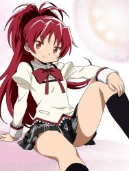  1girl 6kan anime_coloring arm_support black_skirt black_socks bow bowtie breasts hand_on_own_knee highres juliet_sleeves knee_up kneehighs lace-trimmed_sleeves lace_trim light_blush long_hair long_sleeves mahou_shoujo_madoka_magica mitakihara_school_uniform pleated_skirt ponytail puffy_sleeves red_bow red_bowtie red_eyes red_hair sakura_kyoko school_uniform shirt sitting skirt small_breasts smile socks solo thighs yellow_shirt 