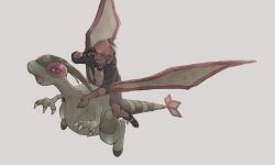  1boy aqua_eyes black_gloves black_hair black_shoes commentary_request dark-skinned_male dark_skin fang flygon gloves grey_background headband highres hood hood_down hoodie ichikawa_385 long_sleeves looking_back male_focus open_mouth orange_headband pokemon pokemon_(creature) pokemon_swsh raihan_(pokemon) red_eyes riding riding_pokemon shoes short_hair shorts simple_background single_glove smile 