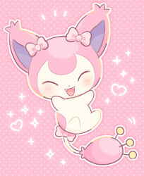  :d ^_^ blush bow closed_eyes commentary_request facing_viewer fangs full_body heart highres no_humans noclo326 open_mouth outline pink_background pink_bow pokemon pokemon_(creature) pokemon_focus polka_dot polka_dot_background skitty smile solo sparkle white_outline 