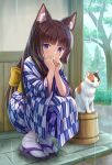  1girl absurdres animal animal_ear_fluff animal_ears black_footwear black_hair blue_eyes blush bucket cat cat_ears commentary_request covered_mouth day highres iroha_(iroha_matsurika) japanese_clothes kimono long_hair long_sleeves looking_at_viewer mutsuki_(iroha_(iroha_matsurika)) obi original outdoors print_kimono rain sash socks solo squatting tabi tree very_long_hair white_socks wide_sleeves yagasuri zouri 