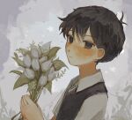  1boy black_eyes black_hair black_sweater_vest closed_mouth collared_shirt expressionless flower highres holding holding_flower looking_at_viewer lulu_(blululu) omori shirt short_sleeves solo sunny_(omori) sweater_vest twitter_username upper_body white_shirt 