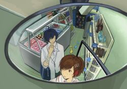  1boy 1girl bag blue_hair blue_ribbon brown_hair closed_eyes collared_shirt convenience_store fisheye gekkoukan_high_school_uniform hair_ornament hair_over_one_eye hairclip hand_in_pocket headphones highres long_sleeves musical_note neck_ribbon ocomesweetdeath open_mouth persona persona_3 persona_3_portable red_eyes ribbon school_uniform shiomi_kotone shirt shop short_hair shoulder_bag sweat white_shirt yawning yuuki_makoto_(persona_3) 