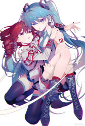  2girls :o absurdres artist_name black_boots black_thighhighs blue_eyes blue_hair blue_necktie boots carrying carrying_person collared_shirt drill_hair grey_jacket grey_skirt hatsune_miku highres jacket kasane_teto kasane_teto_(sv) long_hair multiple_girls necktie number_tattoo red_eyes red_hair shirt shoulder_tattoo skirt sleeveless sleeveless_shirt synthesizer_v tattoo thigh-highs tiandingfengren twin_drills twintails utau very_long_hair vocaloid white_shirt 