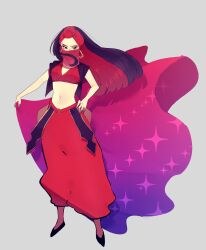  1girl animification arabian_clothes black_hair character_request commentary_request disneyland earrings farja full_body highres jewelry long_hair looking_at_viewer makeup navel pants rl10_02 simple_background solo 