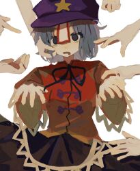  1girl 6+others absurdres black_ribbon blue_hair chinese_commentary commentary_request cowboy_shot drooling hat hat_ornament highres jiangshi lace-trimmed_sleeves lace_trim long_sleeves looking_at_viewer miyako_yoshika mouth_drool multiple_others neck_ribbon newsboy_cap ofuda open_mouth outstretched_arms purple_hat red_shirt ribbon seiryo0425 shirt simple_background solo_focus star_(symbol) star_hat_ornament touhou white_background zombie_pose 