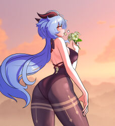  1girl adapted_costume ass ass_focus back backless_leotard bare_arms bell black_horns black_leotard blue_hair breasts brown_pantyhose clouds cloudy_sky commentary cowbell cowboy_shot dawn eating eating_flower english_commentary floating_hair flower from_behind ganyu_(genshin_impact) genshin_impact goat_girl goat_horns hair_between_eyes hand_on_own_thigh hand_up highres holding holding_flower horns huge_ass iwillsunder large_breasts leotard light_blush long_hair looking_at_viewer looking_back multicolored_horns multicolored_sky neck_bell nose orange_sky pantyhose pink_eyes pink_sky qingxin_flower red_horns sky solo strapless strapless_leotard sunset thick_thighs thighs two-tone_horns yellow_sky 