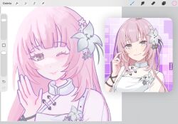  1girl art_program_in_frame bang_dream! bang_dream!_our_notes closed_mouth commentary english_commentary flower grey_eyes hair_flower hair_ornament highres izumi_houka long_hair pink_hair procreate_(medium) reference_inset rinkomon waving 