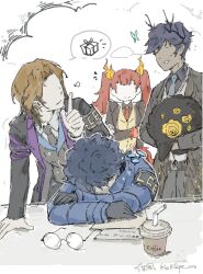  1girl 1other 3boys aedd_(e.g.o) alternate_universe alyssa_(project_moon) ardor_blossom_star_(e.g.o) armband big_bird_(project_moon) bird black_bird black_coat black_gloves black_hair black_jacket black_necktie black_pants black_shirt blue_coat blue_hair blue_necktie box brown_hair bug butterfly coat coffee commentary curtained_hair e.g.o_(project_moon) english_commentary faceless faceless_female faceless_male fiery_hair finger_to_mouth gift gift_box gloves highres hohenheim_(project_moon) jacket johann_(project_moon) kalliope_orc lantern_(e.g.o) leaning_forward limbus_company long_hair marton_(project_moon) multiple_boys necktie pants project_moon red_hair red_necktie round_eyewear shirt short_hair shushing sleeping smile spoken_object suit_jacket twintails unworn_eyewear white_background white_jacket white_shirt yellow_eyes yellow_jacket 