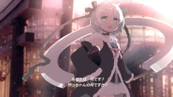  1girl annoyed aqua_eyes azusa_mifuyu bare_shoulders black_choker black_coat black_gloves black_sleeves bow bowtie chakram choker coat commentary_request cowboy_shot detached_sleeves dot_nose fur-trimmed_coat fur-trimmed_sleeves fur_trim gloves grey_bow grey_shirt hair_between_eyes hair_bow hair_horns hand_on_own_hip holding holding_weapon hood hood_down hooded_coat huge_weapon light_particles long_sleeves looking_at_viewer magia_record:_mahou_shoujo_madoka_magica_gaiden mahou_shoujo_madoka_magica microskirt open_mouth outdoors parody pink_bow pink_bowtie pleated_skirt samidare_(hoshi) shirt short_hair skirt sleeveless sleeveless_coat solo sunrise tareme the_legend_of_zelda the_legend_of_zelda:_breath_of_the_wild torii translation_request weapon white_hair white_skirt wide_sleeves 