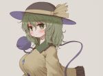  1girl arinu black_headwear blush breasts buttons closed_mouth collared_shirt diamond_button eyeball frilled_shirt_collar frills green_eyes green_hair hair_between_eyes hat hat_ribbon komeiji_koishi large_breasts medium_hair ribbon shirt sleeves_past_fingers sleeves_past_wrists solo third_eye touhou upper_body wide_sleeves yellow_ribbon yellow_shirt 