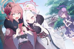  4girls absurdres aru_(blue_archive) aru_(new_year)_(blue_archive) black_kimono blue_archive blue_sky brown_kimono building commentary_request day floral_print flower frilled_sash fur_collar gradient_hair grey_hair hair_bun hair_flower hair_ornament halo haruka_(blue_archive) haruka_(new_year)_(blue_archive) highres holding horns japanese_clothes kayoko_(blue_archive) kayoko_(new_year)_(blue_archive) kimono long_hair long_sleeves mill_bbang multicolored_hair multiple_girls mutsuki_(blue_archive) mutsuki_(new_year)_(blue_archive) obi outdoors pink_flower pink_hair print_kimono problem_solver_68_(blue_archive) purple_flower purple_hair purple_kimono red_eyes red_flower sash sky tree violet_eyes wavy_mouth white_hair white_kimono wide_sleeves 