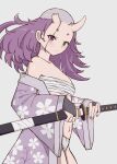 1girl broken_horn heterochromia horns japanese_clothes nihontou purple_hair tonsure