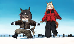  2girls animal_ears black_hair black_mittens blonde_streaks boots brown_eyes brown_hair closed_eyes coat commentary ear_covers ear_ornament grin hair_between_eyes height_difference highres horse_ears horse_girl horse_tail jacket long_hair long_sleeves looking_down mittens motion_lines multiple_girls orange_hair oriental_art_(racehorse) original outdoors padded_jacket pants pants_tucked_in personification rakugosha_(straggler_house) smile snow stay_gold_(umamusume) tail tail_wagging umamusume white_hair winter_clothes winter_coat 