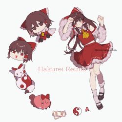  1girl :3 :d :o ascot bare_shoulders black_shoes blush bow brown_eyes brown_hair bug butterfly character_name chinese_commentary closed_mouth commentary_request detached_sleeves fox frilled_bow frilled_hair_tubes frills full_body fumo_(doll) hair_bow hair_tubes hakurei_reimu hakurei_reimu_(fox) highres iwakoo long_hair looking_at_viewer ofuda orb red_bow red_shirt red_skirt shirt shoes skirt skirt_set sleeveless sleeveless_shirt smile socks sukusuku_hakutaku touhou white_socks yellow_ascot yin_yang yin_yang_orb yukkuri_shiteitte_ne 